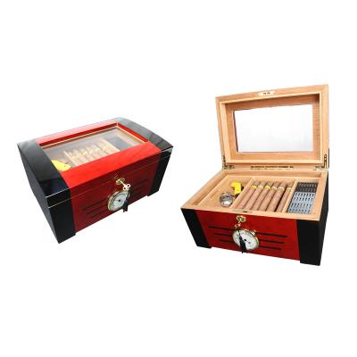 China Handmade ; Wholesale Custom Simple Wooden Handmade Insulation Cedar Wood High Glossy Lacquer Air Function Humidor Cigar Box Spanish Accept Customized for sale