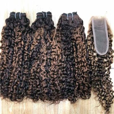 China 12A Super Double Drawn Highlight Pissy Curl Raw Human Hair Bundle Verkopers met 2x6 Kim K sluiting Te koop