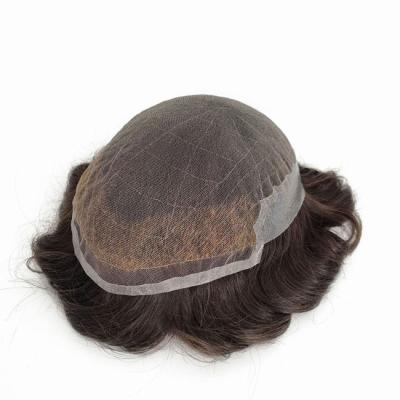 China Q6 PU Skin Swiss Lace Full Lace Toupee Mens Real Looking Wigs With Front Lace Bleached for sale