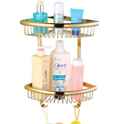 China Wall Mounted Type Bathroom Hanging Shelf Double Tiers Shower Shelf Wall Mount Wire Shower Caddy Brass Gold Corner Shelf for sale