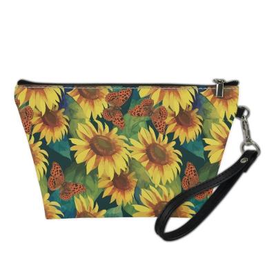 China Eco-friendly Custom Womens Waterproof Handbag Toiletry Bag Gifts Sunflowers Pattern PU Travel Cosmetic Make Up Bags for sale