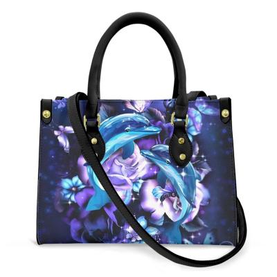 China PORTABLE Wholesale Blue Dolphin Purple Rose Print Handbags Outdoor Shopping Elegant Long Shoulder Strap Tote Bags Fashion Coin Purse Gift for sale