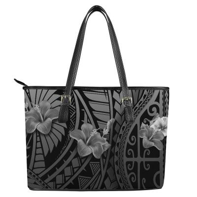 China PORTABLE Flowers Hibiscus With Polynesian Tattoo Style Leather Satchel Purses Bags Women Handbags Leather Ladies Top Handle Shoulder Tote for sale