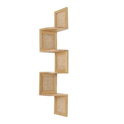 China Living Room 4 Tier Natural Rattan Light Brown Suitable Mixed Flexible Corner Mesh Wood Wall Storage Bamboo Wooden Shelf for sale