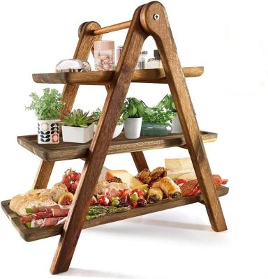 China Wooden 3 Tier Display Serving Tray Home Cupcake Stand Food Vegetable Fruit Appetizer Cheese Board Solid Acacia Display 3 Tier Wood Serving Tray for sale