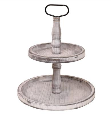 China Sustainable Easy Assemble Home Decor Food Display Serving Cupcake 2 Tier Wooden Two Tiered Tray With Round Metal Handle for sale