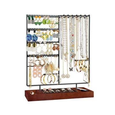 China USA Earring Holder Stud Necklace Storage Tower Bracelets Watches Black Ring Tray Holder Organizer Removable Display Wooden Jewelry for sale