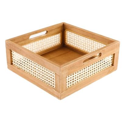 China Factory Stocked Custom Handles Rustic Wood Storage Sideboard Office Bedroom Country Decor Basket Rattan Frame Crate Box for sale