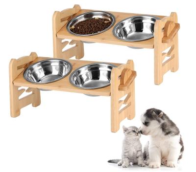 China Wooden Bamboo Rack Feeder Dogs Cats Durable Raised Bowl Easy Assemble 2 Stainless Steel Food Bowls Clean Adjustable Slip Wooden Rack Bamboo Feeder Non for sale