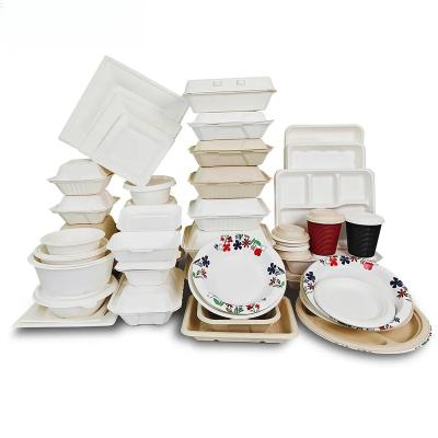 China Disposable Eco-friendly Biodegradable Biodegradable Paper Pulp Sugarcane Bagasse 3 Compartment Fast Food Container Tableware With Lid Lunch Burger Container Box for sale