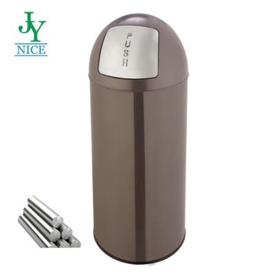 China Factory price workable round stainless steel waste container with push lid kitchen bathroom iron steel trash can for sale