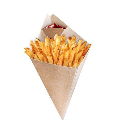 China Custom Printing Disposable Fast Food Packaging French Fries Mozzarella Sticks Triangular Kraft Wrapping Paper Boxes With Sauce Dipping French Fries Paper Cone for sale