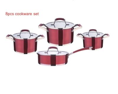 China Durable Thick Stainless Steel Material Casserole + Frying Pan Stainless Steel Handle Colorful Cookware Set With Red Painting for sale