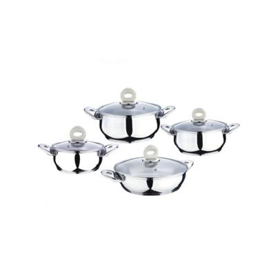 China Sustainable stainless steel cookware set with white glass lid knob for sale