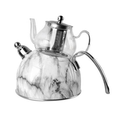 China Sustainable Vintage White Marble Teapot Double Squares Stainless Steel Lined Kettle Glass Steamer Kettle for sale