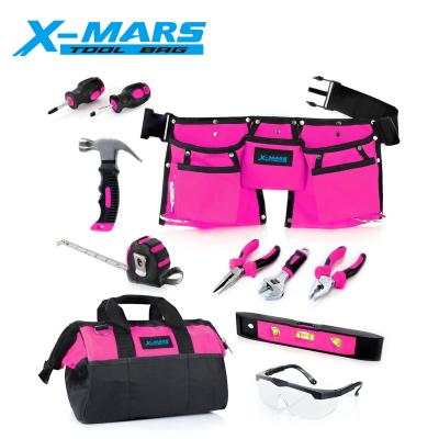 China Big capacity ; Portable X-Trouble 11PCS DIY Kids Real Tool Kit for Kids Pink Tools for Girls Tool Belt for sale