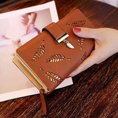 China Women Waterproof Wallet PU Leather Gold Cavity Leaves Pocket Purse For Women Coin Purse Card Holders Grab Luxury Women Wallet for sale