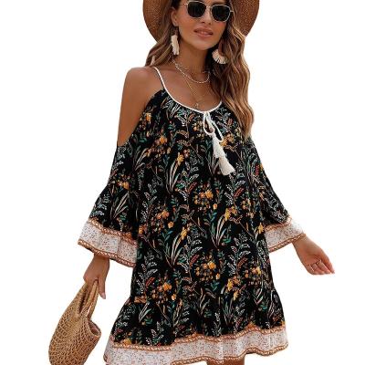 China Anti-Wrinkle Women Vintage Floral Print Soft Rayon Chill Ruffle Hemline A Line Long Length Boho Vacation Beach Swing Casual Midi Dress for sale