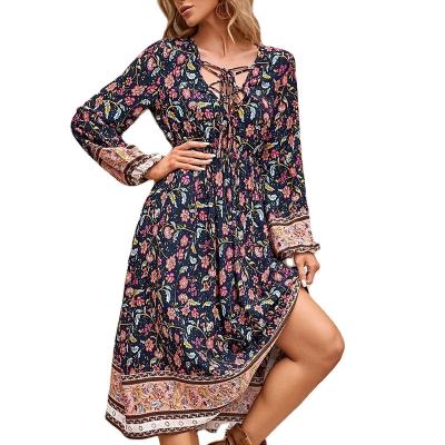 China Vintage Breathable Floral Print Women Rayon Comfy V-Neckline With Tassel A-line Boho Vacation Beach Swing Casual Maxi Dress For Ladies for sale