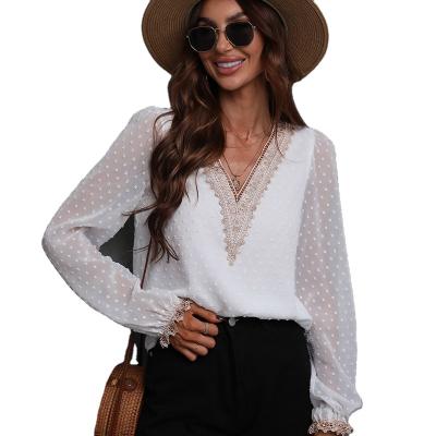 China Main 2022 Women's Office Elegant V-Neckline Ruffle Lace Decoration Sleeve Lace Shirt Anti-pilling Lace Shirt Custom Women's Autumn Long New for sale