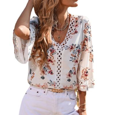 China 2022 Autumn New Chiffon Print Chiffon Half Sleeve Top Half Lace Sweater Anti-pilling Women's Clothing Wholesale New Temperament Commuter Splicing Blouse for sale