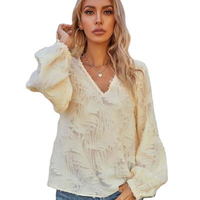 China Wholesale Women's Clothing Anti-pilling Autumn Trend Chiffon Jacquard Shirt Lantern Sheath V-neck Elegant Loose Casual Women's Blouse for sale