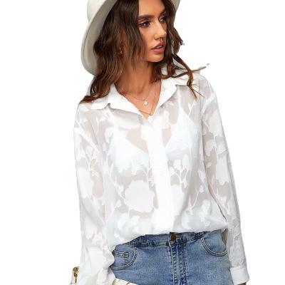 China Lady Women Girl Chiffon Shirt Summer Sun Protection Casual Wear Transparent Women's Shirt Fashion Design Sexy Anti-Shrink Tulle Long Sleeve for sale