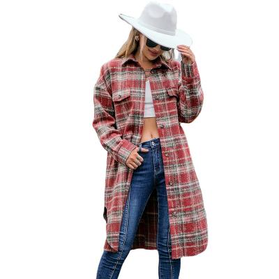 China Factory wholesale breathable 2022 autumn and winter new vintage shacket plaid coat shirt lapel casual loose anorak long temperament for sale