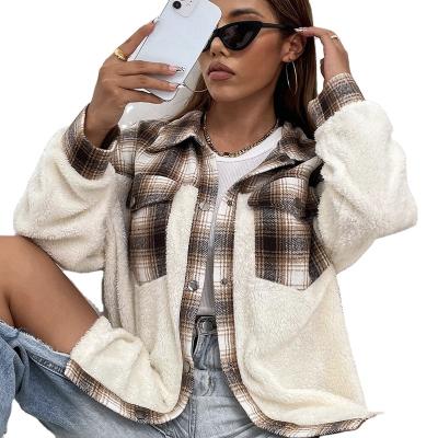 China 2022 breathable autumn and winter thickened cashmere coat jacket casual warm lattice stitching loose plush cardigan jacket casual jacket for sale