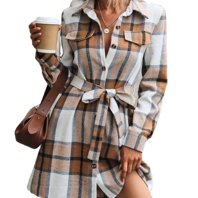 China Factory Wholesale Lapel Plaid Coat Thick Fit Women's Elegant Jacket Thin Breasted Single Breasted Coat Belt Long Coats Breathable Fashion Women for sale