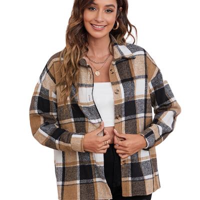 China Breathable Wholesale Custom Crop Check Plaid Top Button Down Casual Flannel Shirt Women Coats Jacket For Women for sale