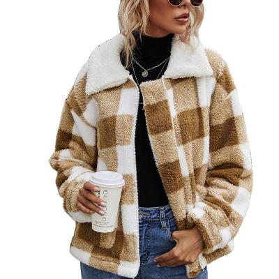 China Women Plaid Flannel Jacket Luxury Casual Coat Winter Viable Wholesale Women's Fleece Zipper Fashion Jackets And Coats For Elegant Women for sale