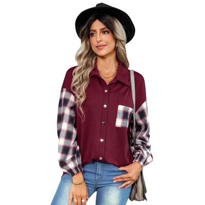 China 2022 Autumn Custom Logo Splicing Women's Breathable Shirts Blouse Tops Ladies Grid Long Sleeve Shirt Warm Plaid Jacket for sale