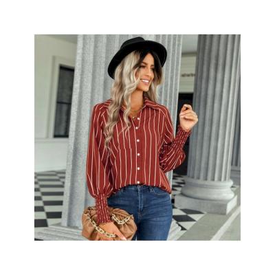 China 2022 Hot Sale Autumn New Fashion Trend Button Stripe Blouse Women Anti-pilling Shirts Polyester Shirt for sale