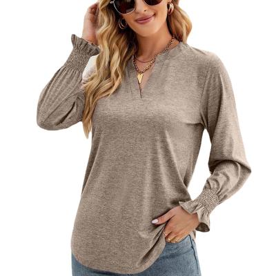 China Autumn New Women's T-shirt Office Ladies Ladies Clothing V Neckline Casual Blouse Breathable Long Sleeve Loose Tops for sale