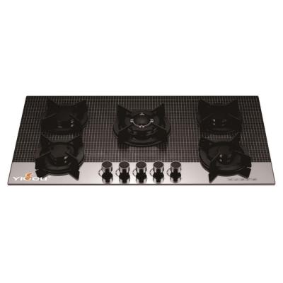 China Hotel glass 5 burner gas cooktop built-in type with aluminum gas safety system for sale