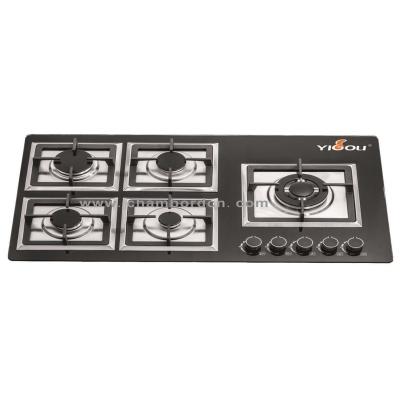 China Hotel glass 5 burner gas cooker stove built-in type with gas safety system and aluminum sabaf burner for sale