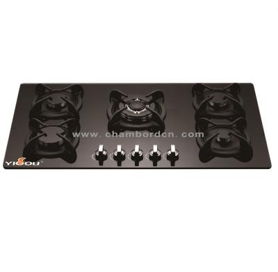 China Hotel Glass 5 Burner Gas Hob Built - In Type With Aluminum Gas Safety System for sale