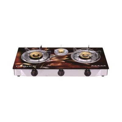 China Hotel Factory Price Gas Stove 3 Burner Tempered Glass Top Table Gas Cooker For Household Kitchen for sale