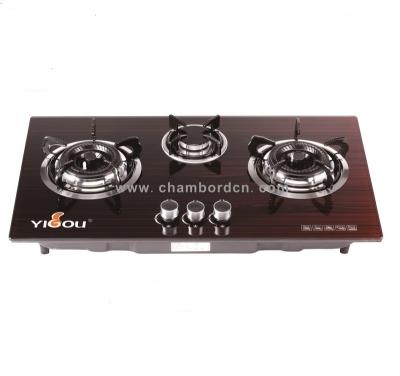 China Hotel 3 Burner Glass Top Gas Stove Built In Installation With Black Painted Shell for sale