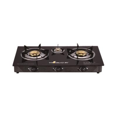 China Hotel Factory 3 Burner Gas Stove With 2D Pattern Glass Top And Black Painted Steel Frame for sale