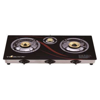 China Hotel Factory Gas Stove 3 Burner With 2D Pattern Glass Top And Stainless Steel Frame Gas Cooker for sale