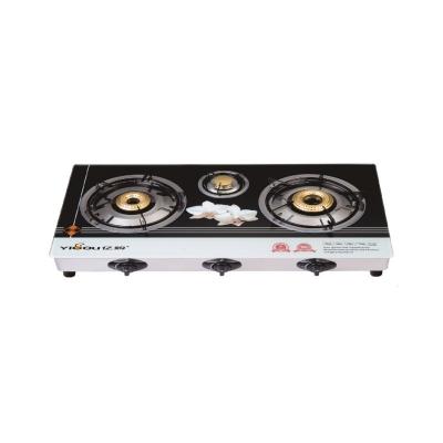 China Hotel Tempered 2D Glass 3 Burner Gas Stove With Stainless Steel Frame for sale