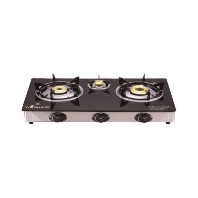 China Hotel Tempered 2D Glass 3 Burner Gas Stove With Stainless Steel Frame for sale