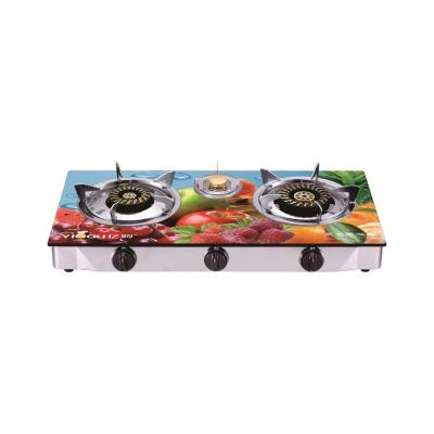 China Hotel Factory 3 Burner Gas Stove With 3D Glass Top And Stainless Steel Frame for sale