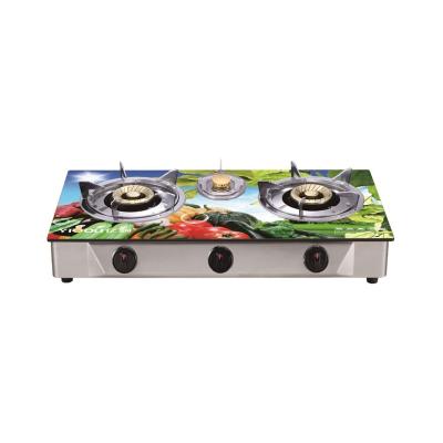 China Hotel 3D Printing Tempered Glass 3 Burner Gas Stove With Stainless Steel Frame for sale