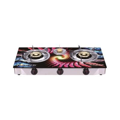 China Hotel 3 Burner Gas Stove with 3D Glass Top and Stainless Steel Frame for sale