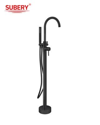 China Matt Black Brass Freestanding Bathtub Faucets With Diverter Single Lever Floor Mounted for sale