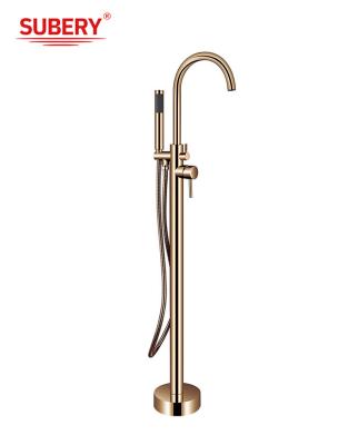 China OEM Single Lever Free Standing Tub Faucet Monte de chão com Diverter Rosa de ouro de latão à venda