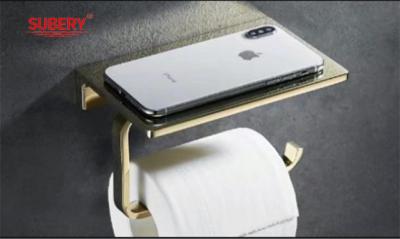 China Wall Mounted Zinc Toilet Paper Holder Tissue Holder Roll Paper Holder Golden Color With Mobile Phone Shelf for sale